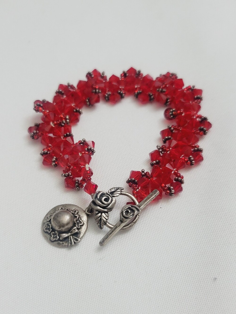 Vintage Sterling Silver 925 Red Crystal Beaded Toggle Bracelet with Charm
